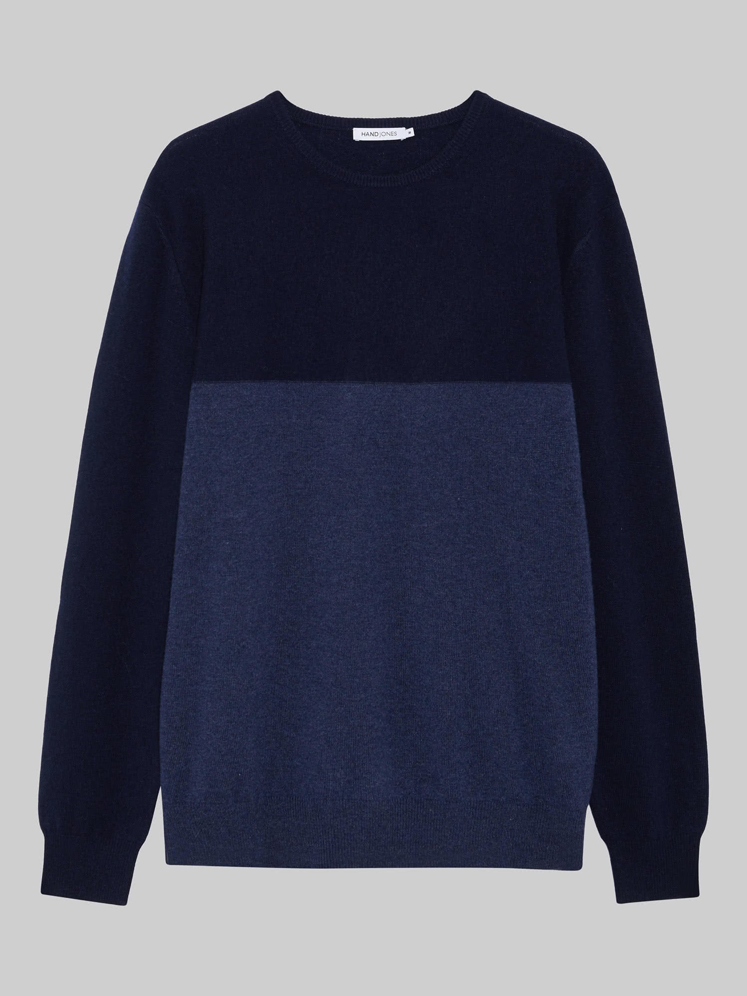 Navy Indigo Wool Cashmere Colourblock Crew Sweater | Menswear | Hand & Jones