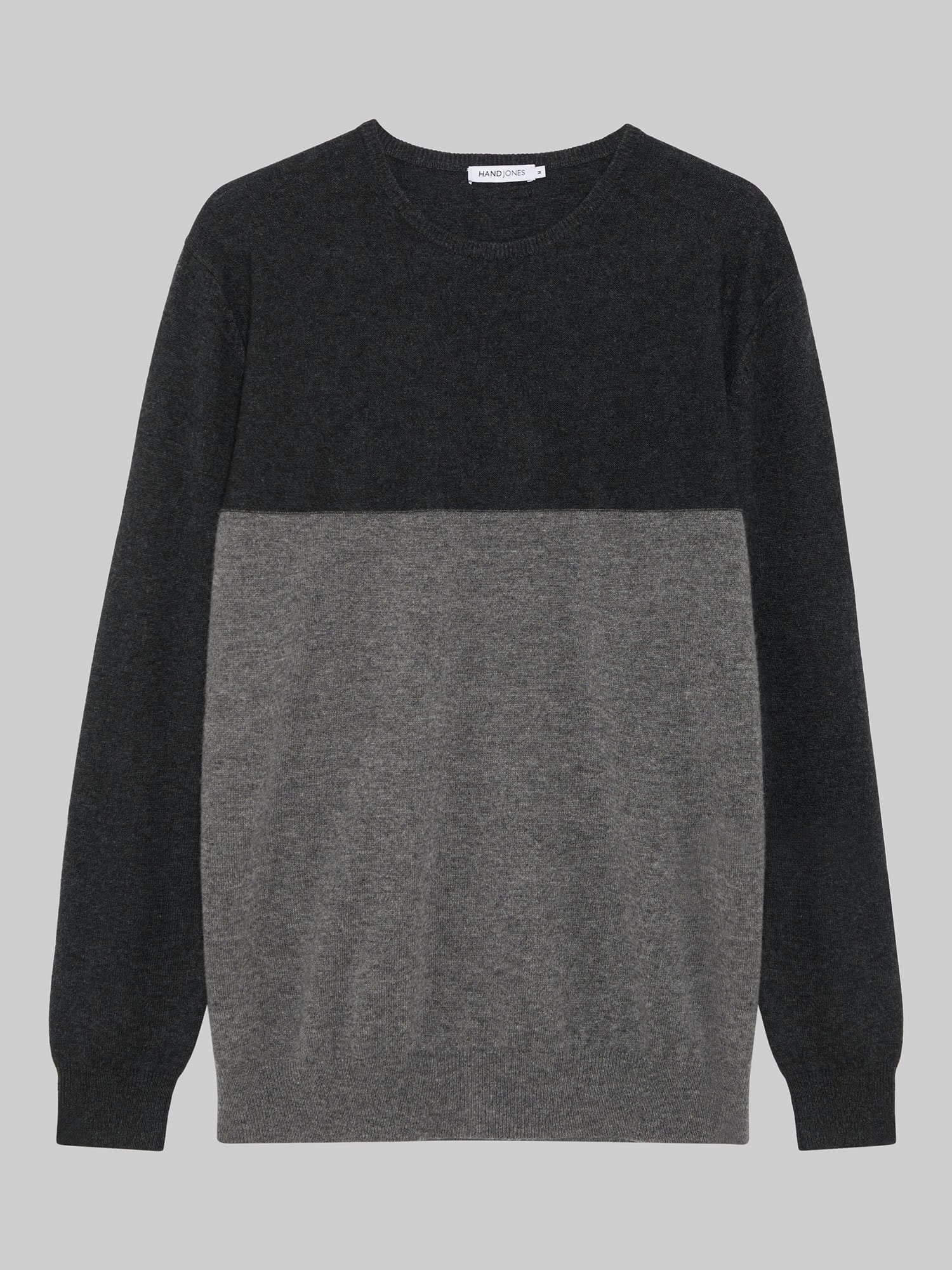 Grey & Black Wool Cashmere Colourblock Crew Sweater | Menswear | Hand & Jones