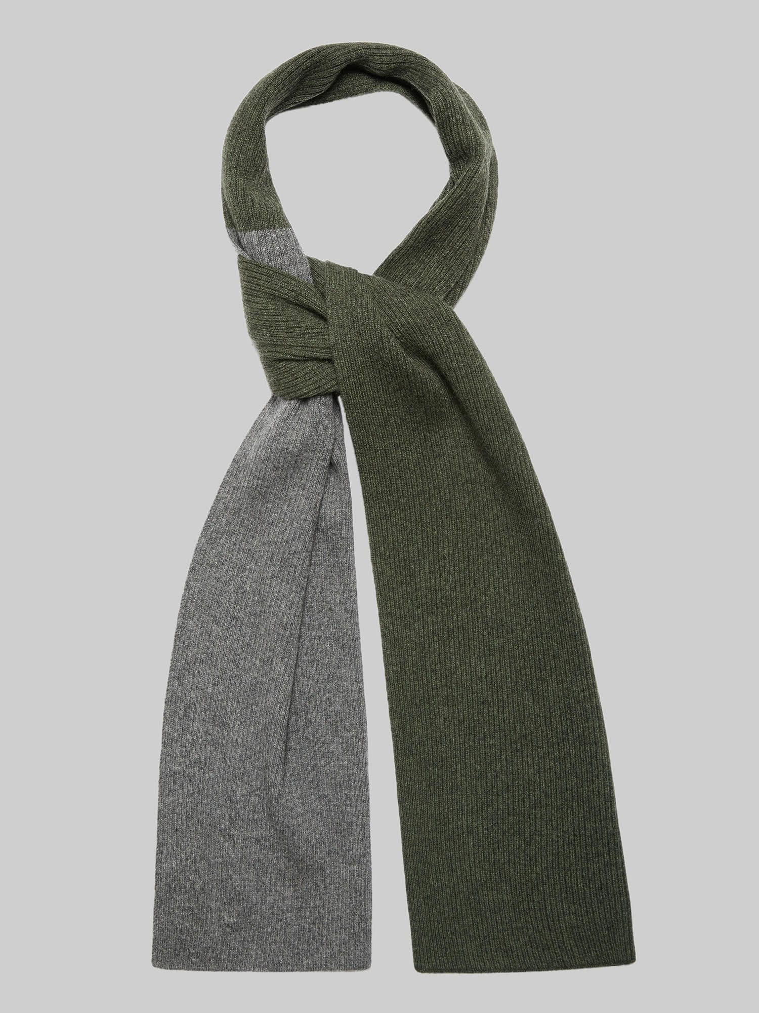 Green Grey Mens Cashmere Colourblock Rib Scarf | Hand & Jones