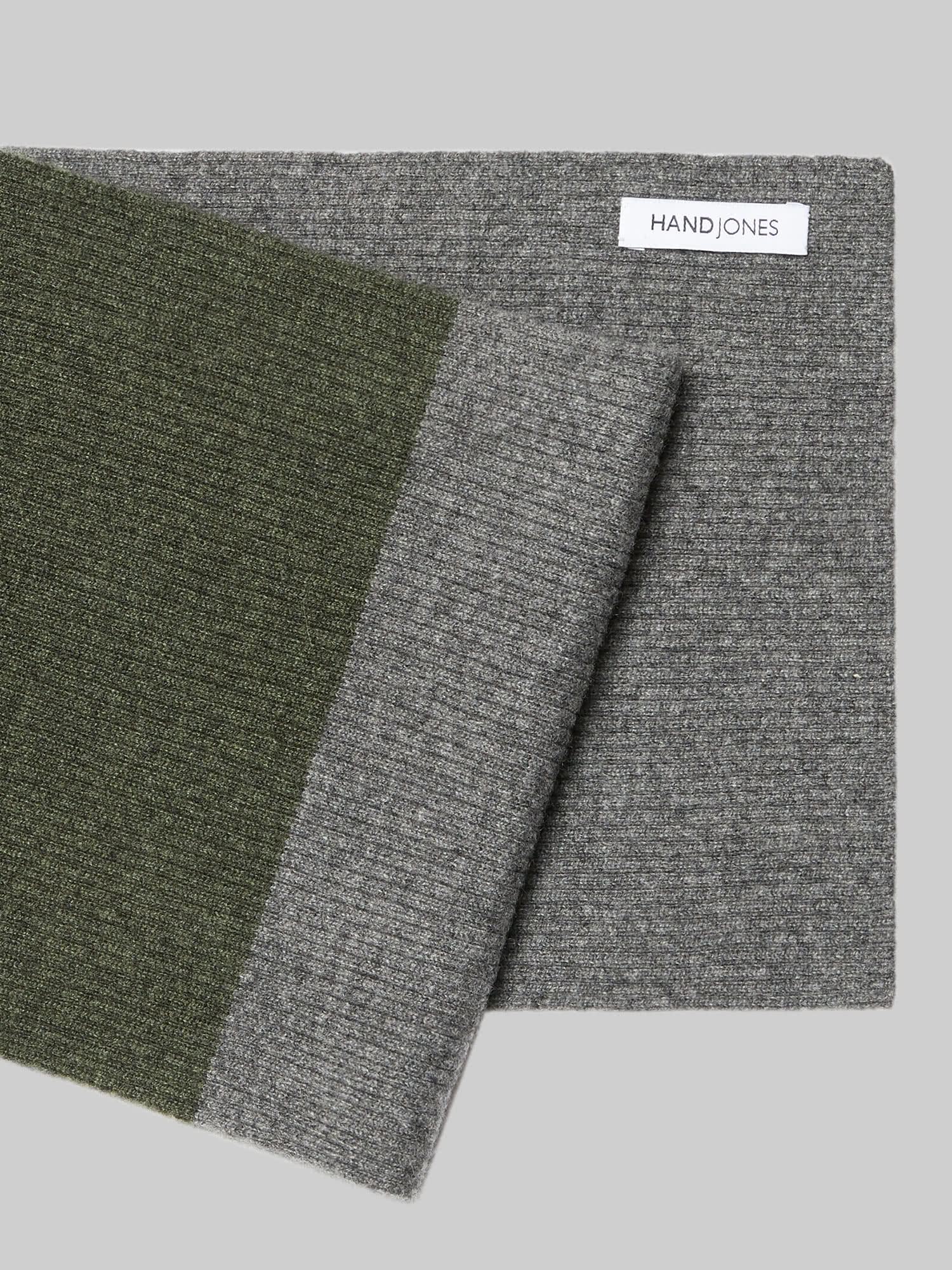 Green Grey Mens Cashmere Colourblock Rib Scarf | Hand & Jones