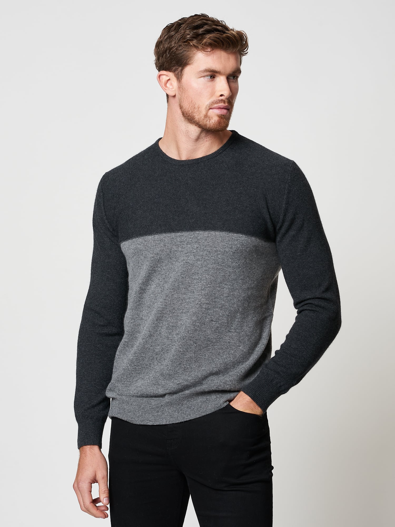 Grey & Black Wool Cashmere Colourblock Crew Sweater | Menswear | Hand & Jones