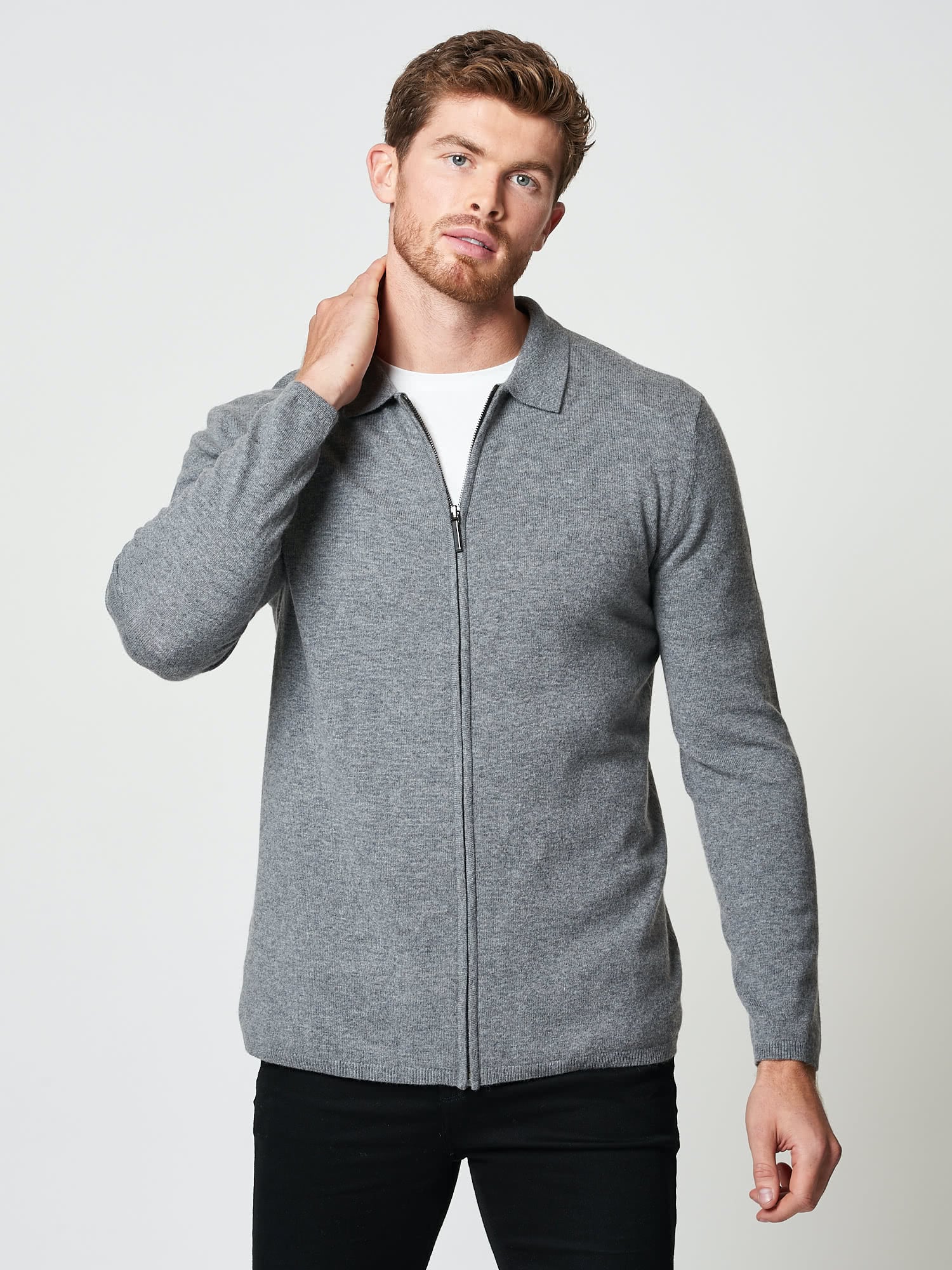 Grey Wool Cashmere Zip Polo Cardigan | Menswear | Hand & Jones