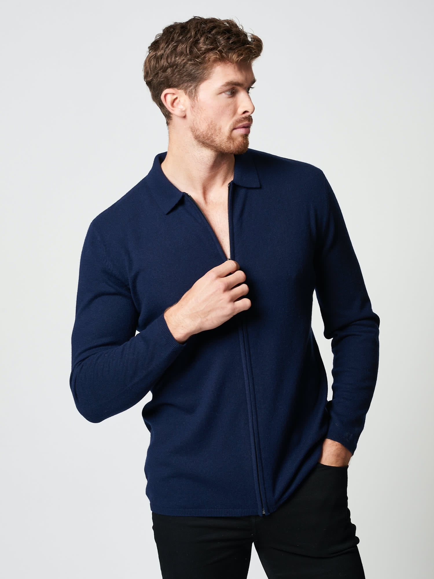 Wool Cashmere Zip Polo Cardigan | Menswear | Hand & Jones