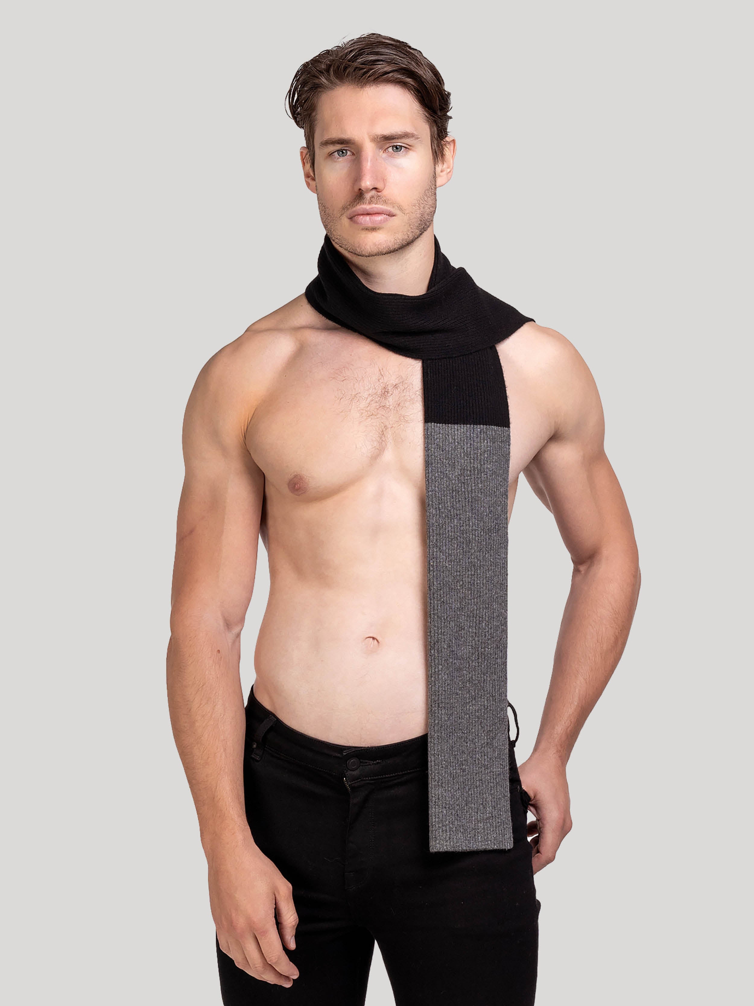 Black Grey Mens Cashmere Colourblock Rib Scarf | Hand & Jones