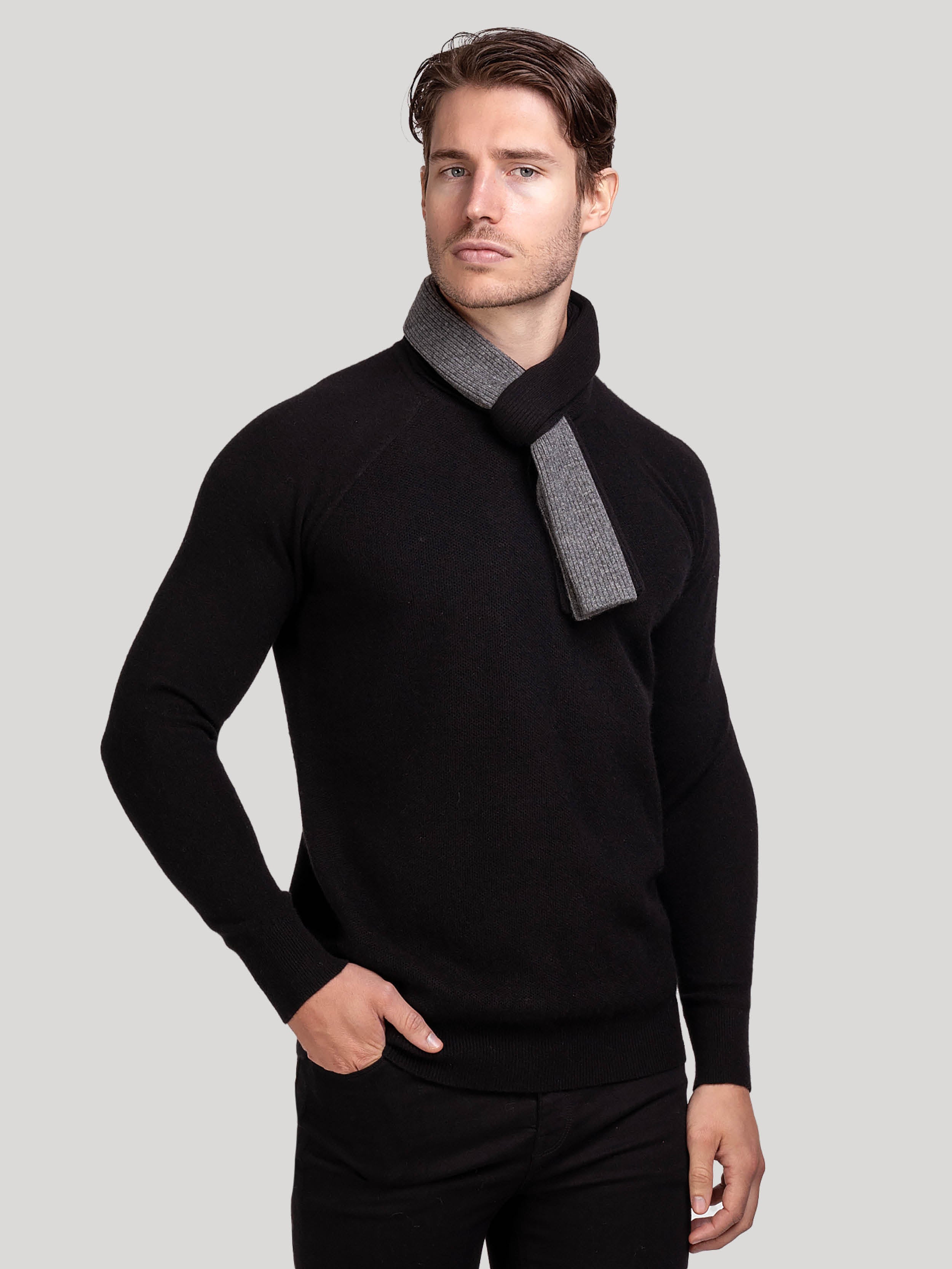 Black Grey Mens Cashmere Colourblock Rib Scarf | Hand & Jones