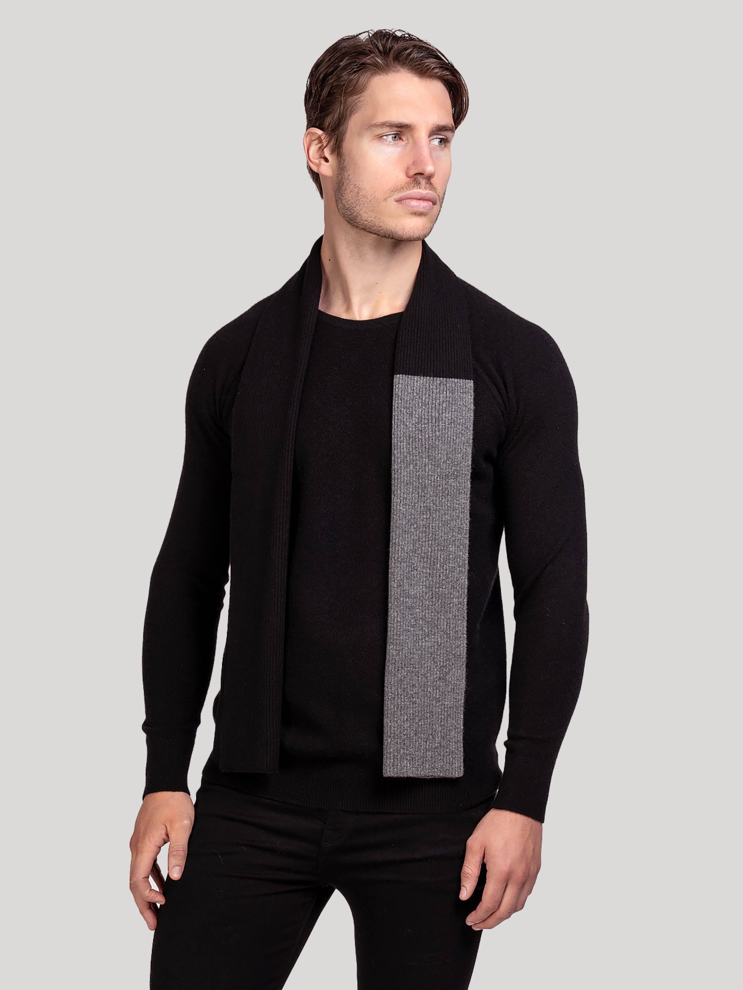 Black Grey Mens Cashmere Colourblock Rib Scarf | Hand & Jones