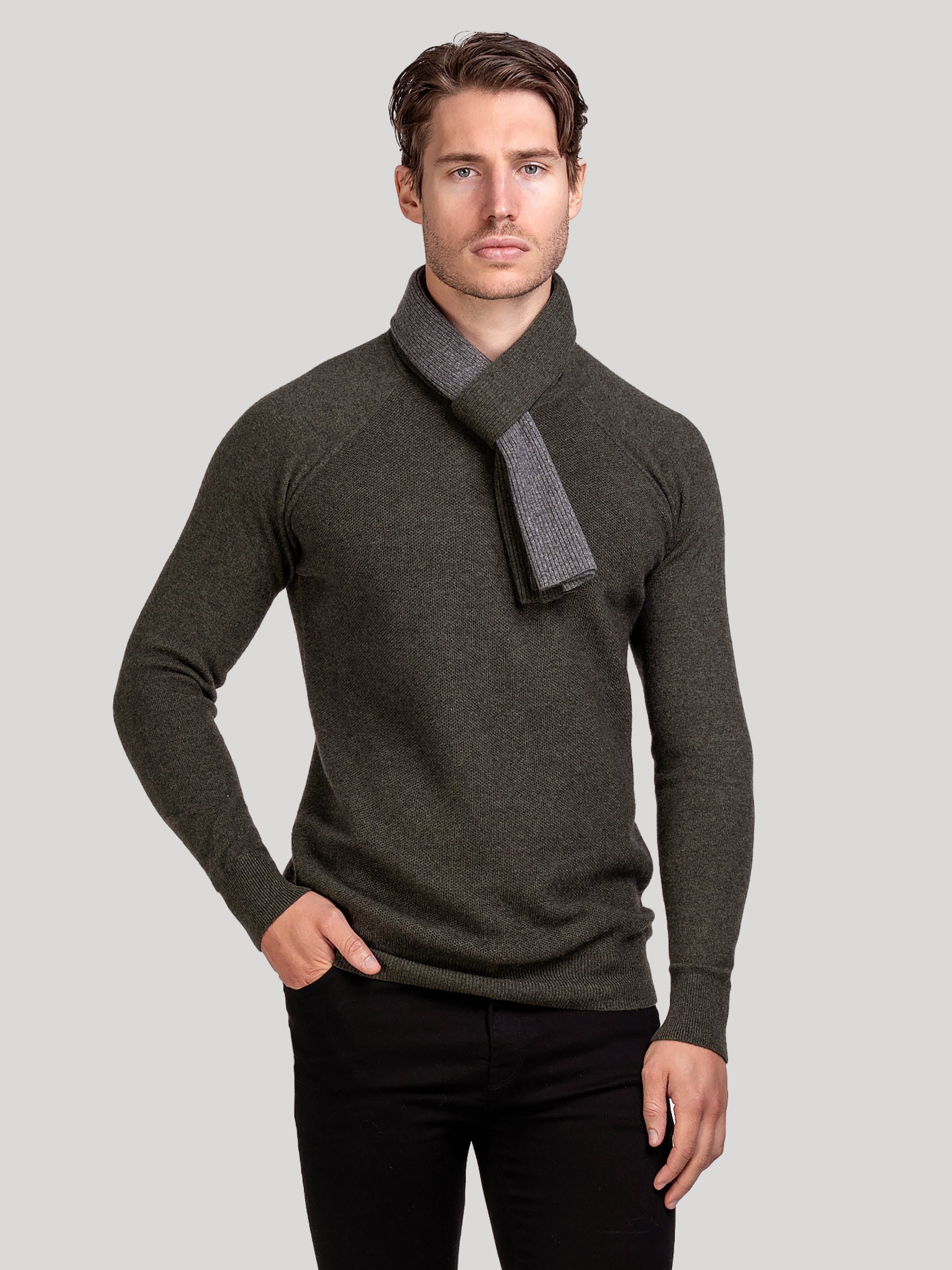 Green Grey Mens Cashmere Colourblock Rib Scarf | Hand & Jones