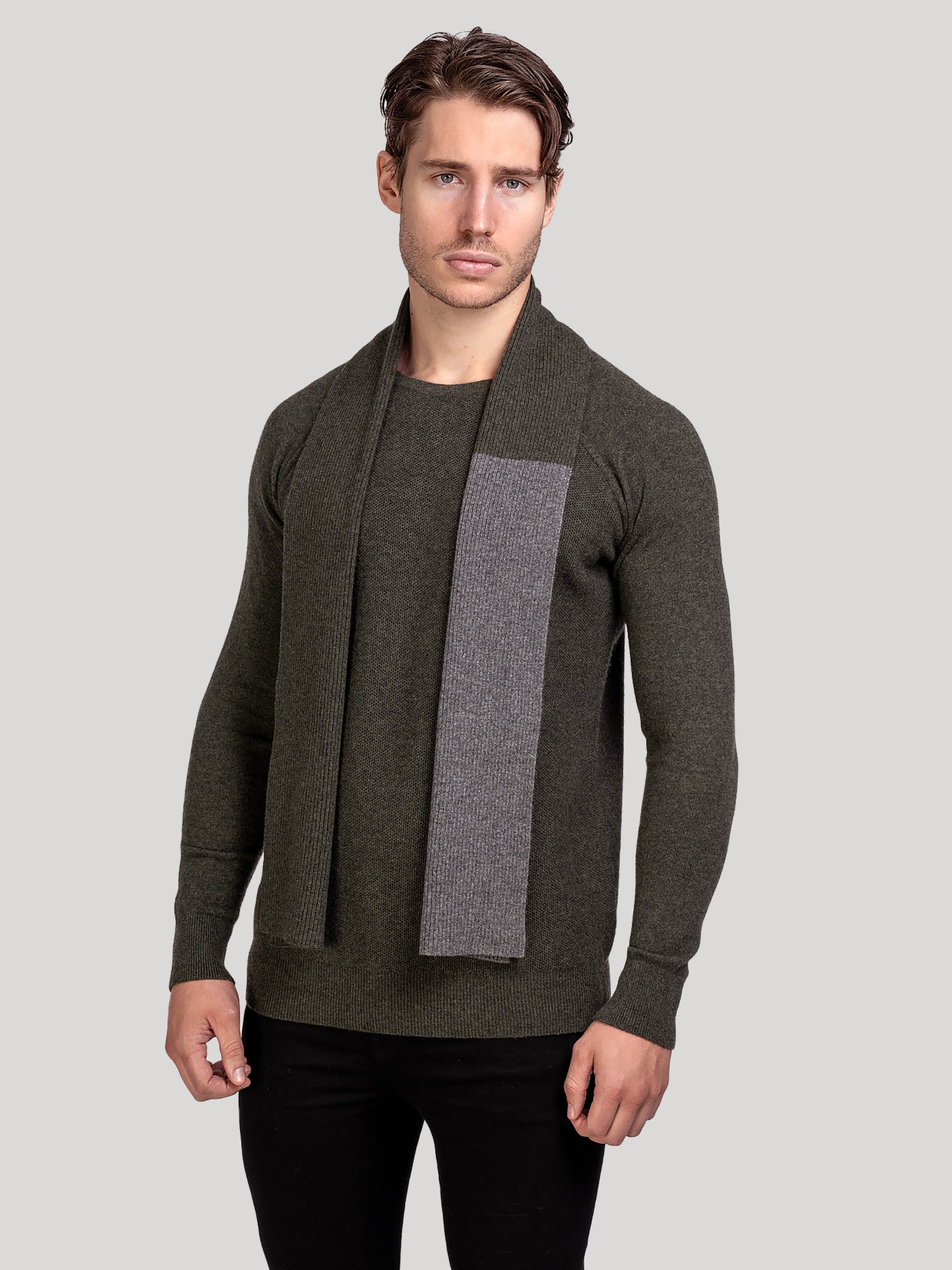 Green Grey Mens Cashmere Colourblock Rib Scarf | Hand & Jones