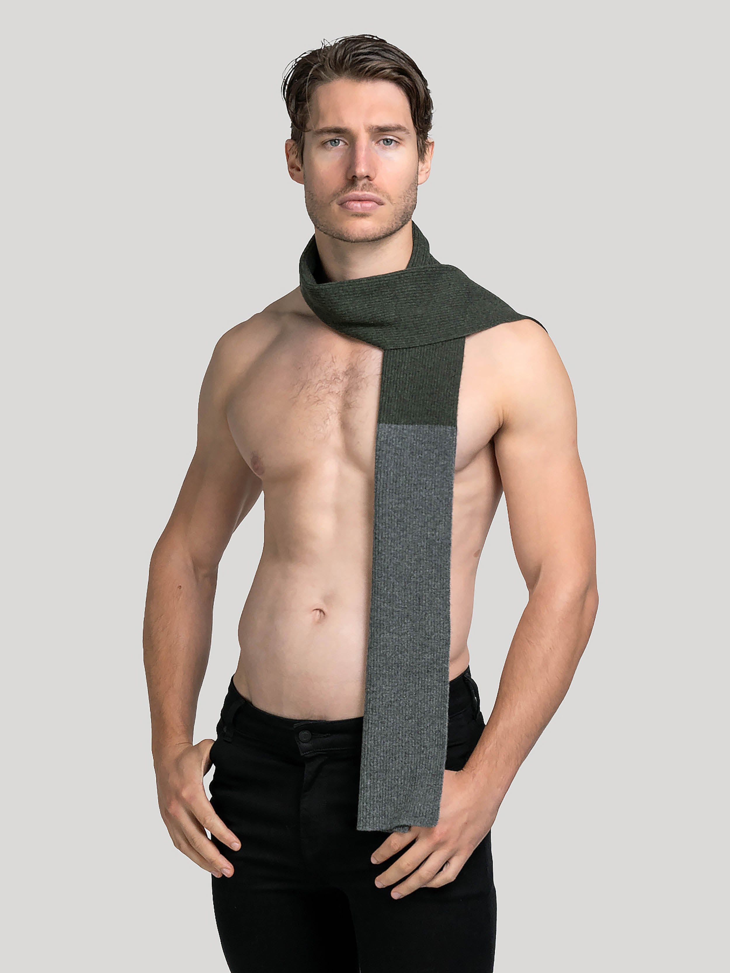 Green Grey Mens Cashmere Colourblock Rib Scarf | Hand & Jones