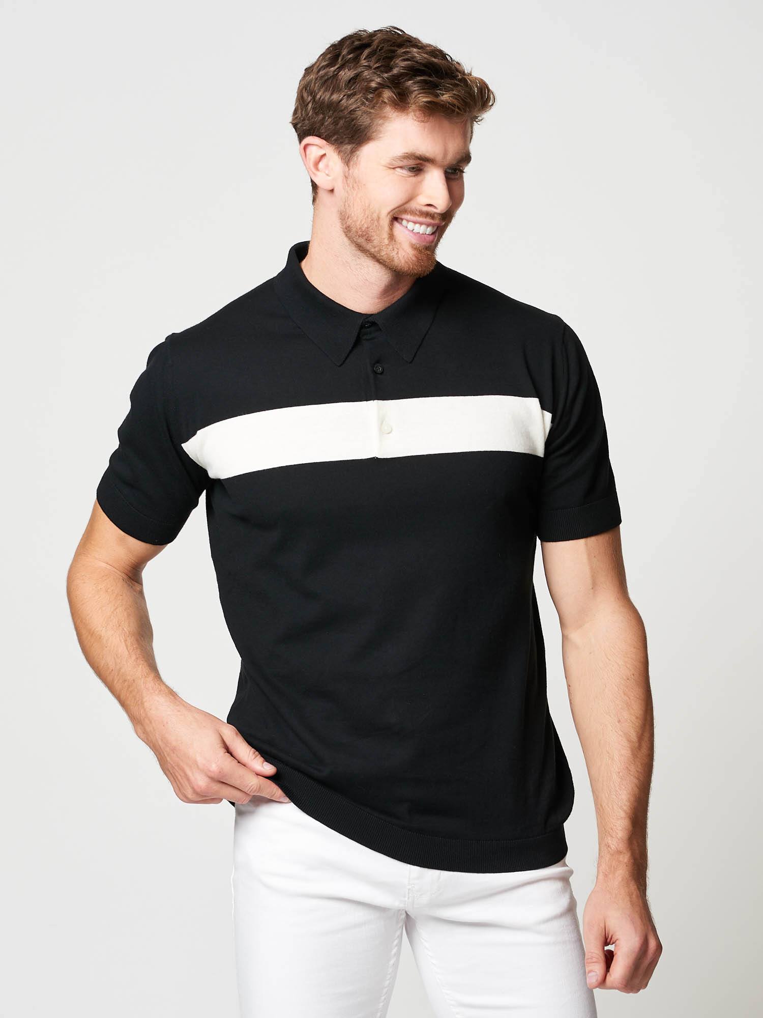 Men's Cotton black and white Varsity Stripe Polo | Hand & Jones