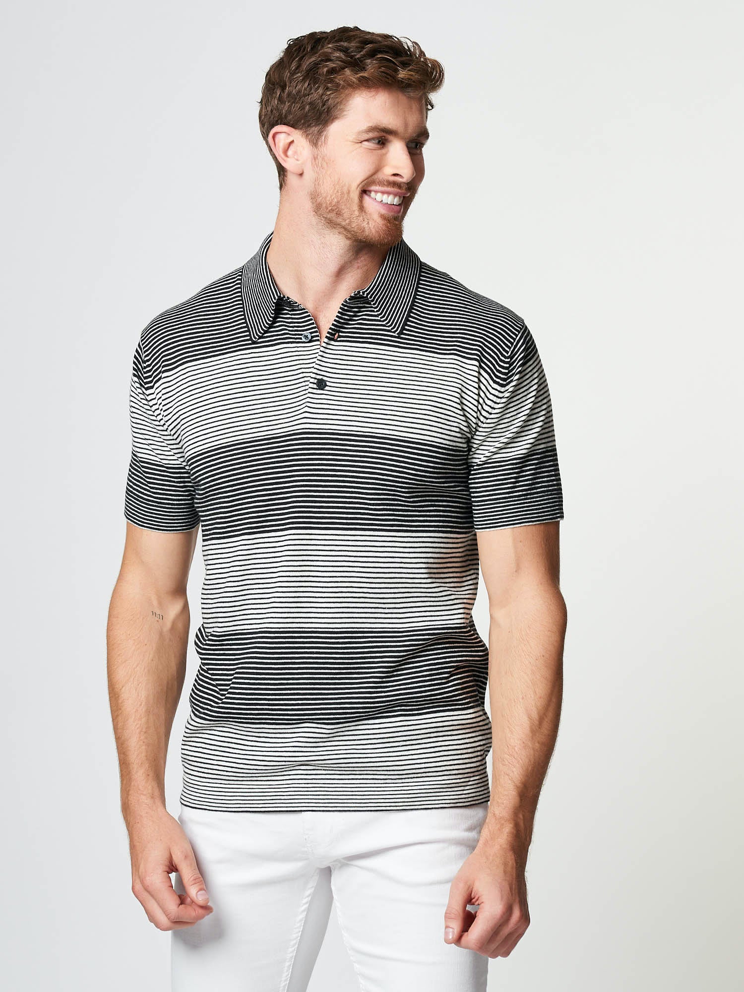 Mens Cotton Silk black and white Cashmere Pin Stripe Polo | Hand & Jones