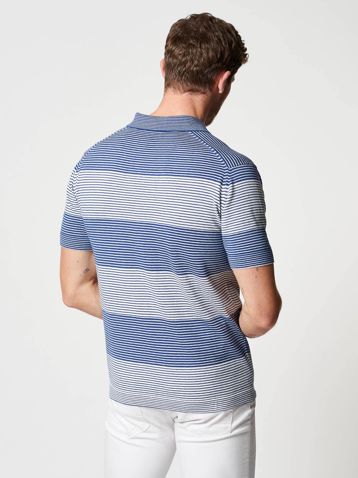 Mens Cotton Silk blue and white Cashmere Pin Stripe Polo | Hand & Jones