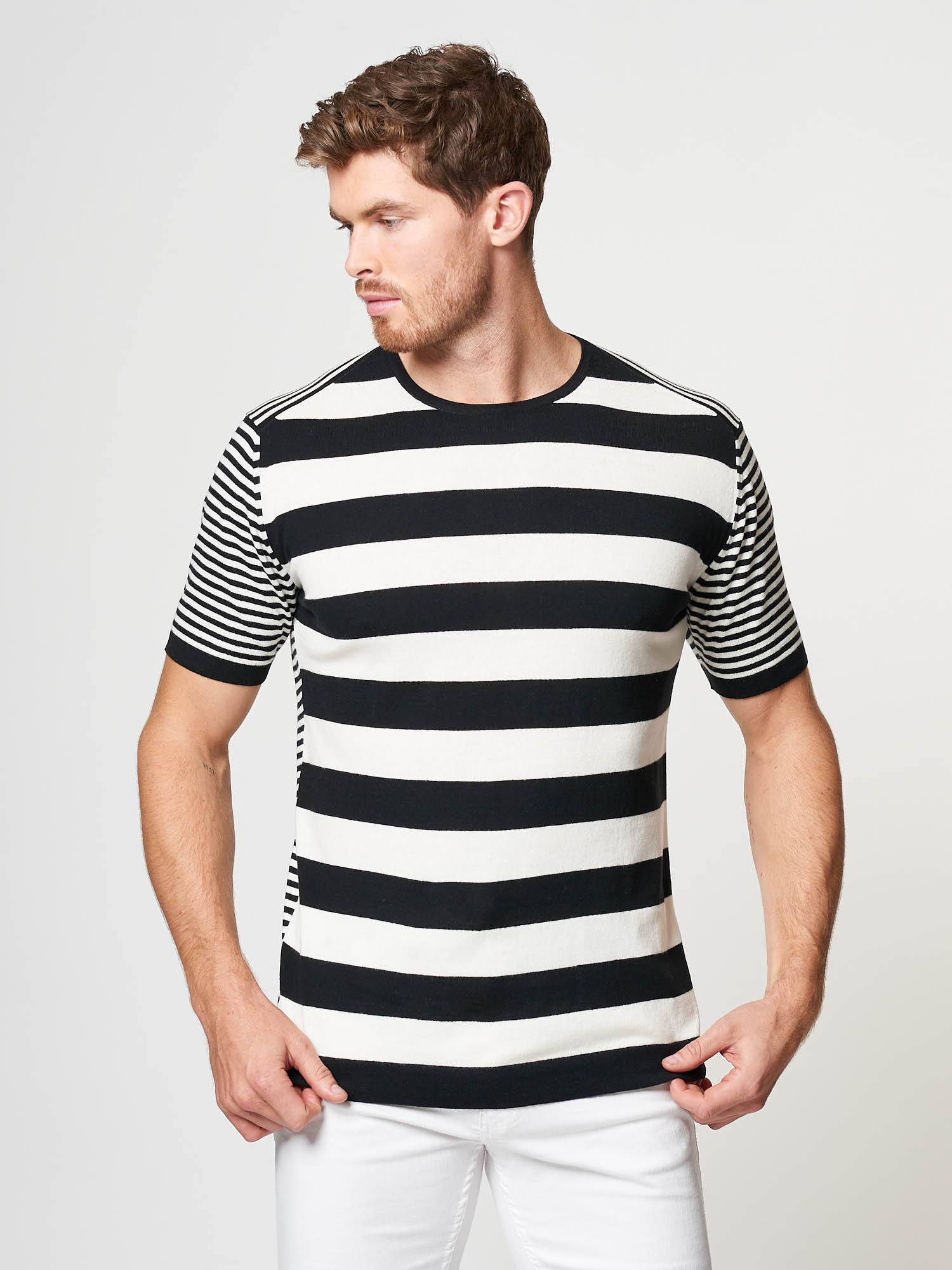 Cotton Contrast Stripe Short Sleeve Sweater