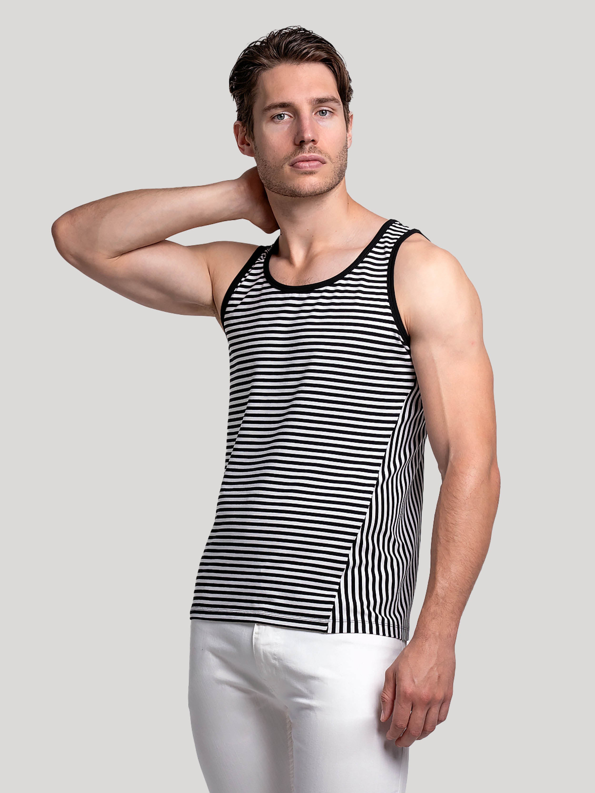 Black & White stripe Men's Cotton Vest top | Men's Underwear & Tops | Hand & Jones