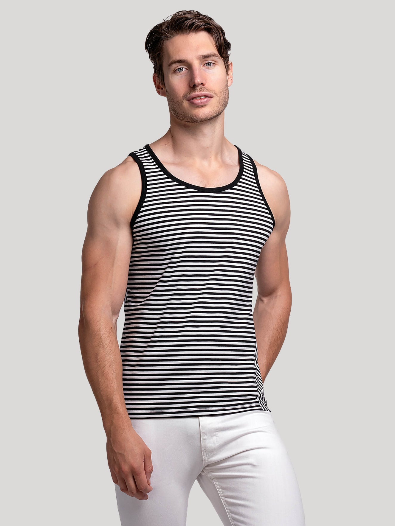 Black & White stripe Men's Cotton Vest top | Men's Underwear & Tops | Hand & Jones