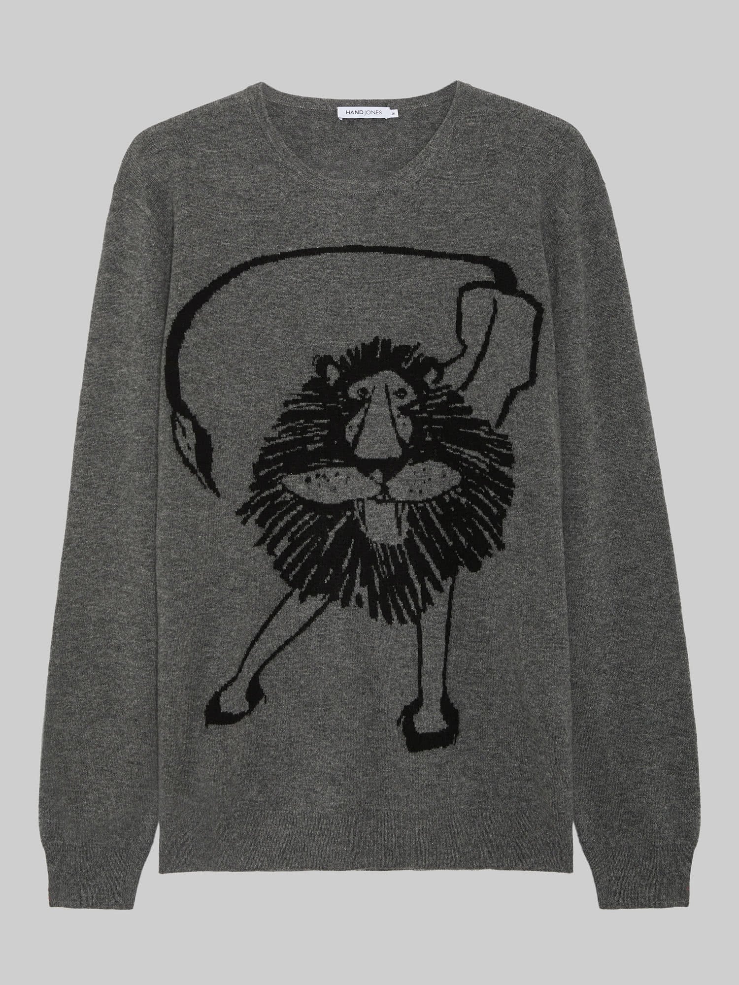 Grey Pure Cashmere Intarsia Lion Sweater | Mens Knitwear | Hand & Jones